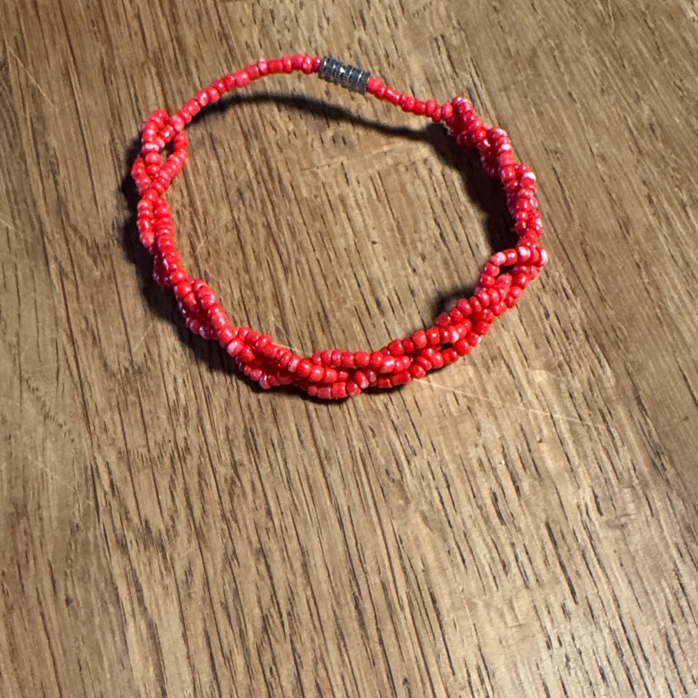 Bright Red Twisted Seed-Bead Bracelet — Unbranded
